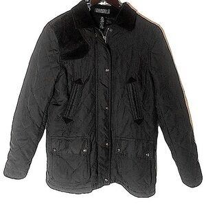 Lauren Ralph Lauren Black Zip-Up Winter Jacket with Ribbed Velvet Collar Size MP